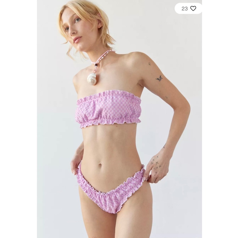 Juillet Bikini Set Lee Chloe Pink White Gingham Smocked Bandeau 2 Piece Medium